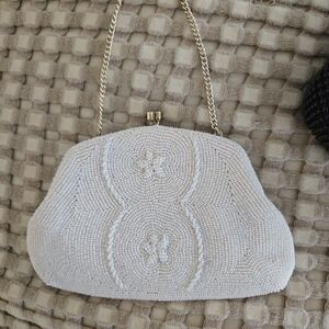 Vintage White Seed-Bead Clutch • 1950s Bridal Evening Bag